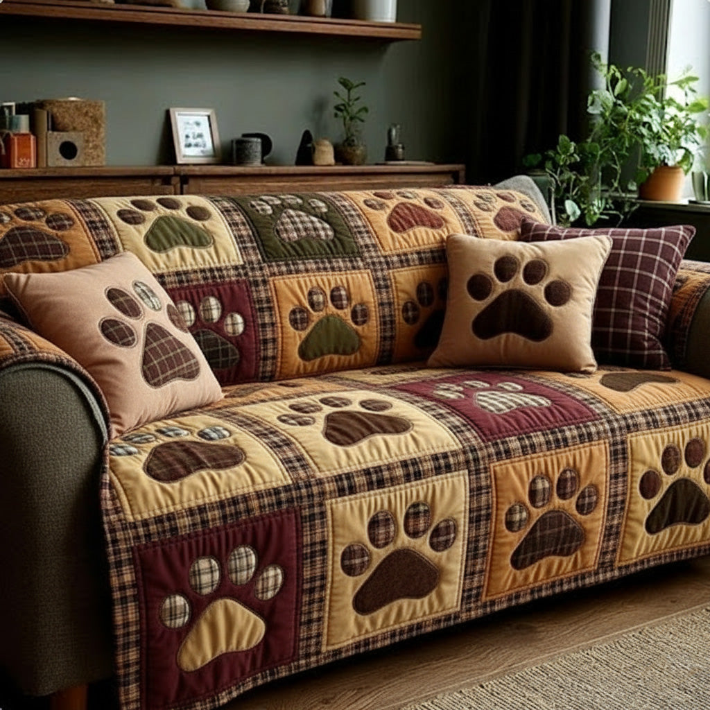 Quilted Sofa Cover with Paw Prints – Gift Idea
