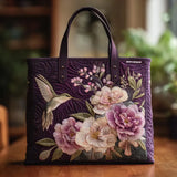 Purple Quilted Tote Bag Featuring Hummingbirds and Orchids