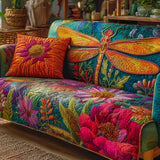 Quilted Sofa Cover with Dragonflies and Flowers – Non-Slip