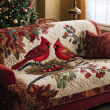 Quilted Sofa Cover with Christmas Cardinals – Non-Slip