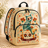 Personalized Quilted Backpack with Sugar Skull Cat Design - TG61