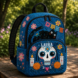 Personalized Blue Floral Sugar Skull Quilted Backpack TN62