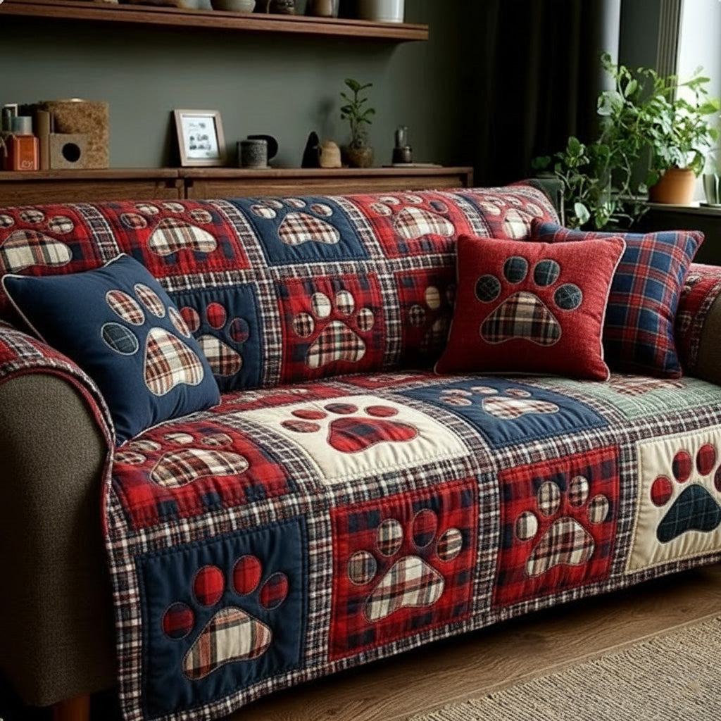 Quilted Sofa Cover with Paw Prints – Soft to the Touch