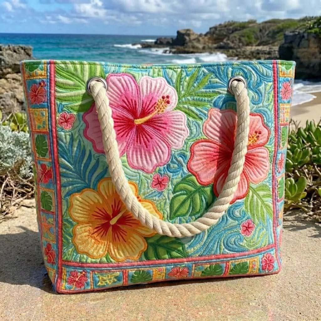 Quilted Floral Beach Bag Tropical Flower – L and XL