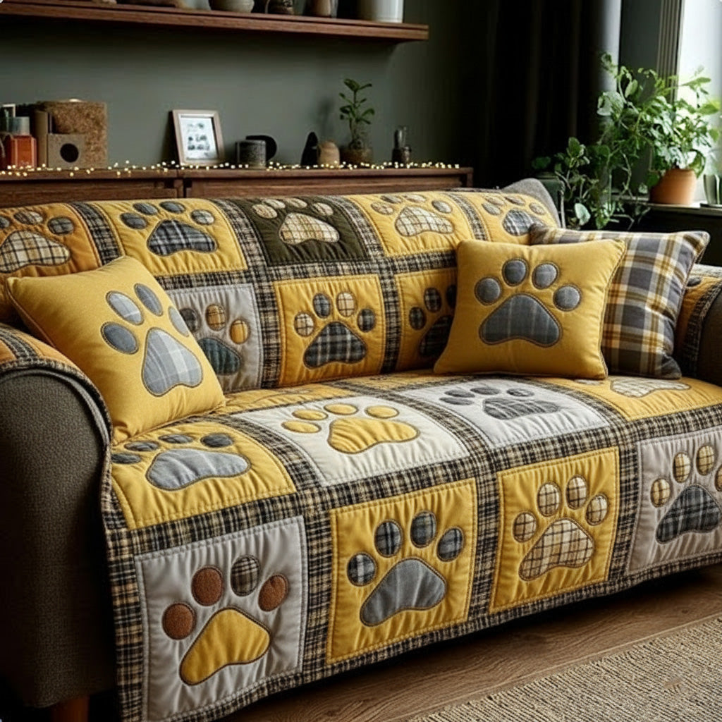Quilted Sofa Cover with Paw Prints – Soft to the Touch