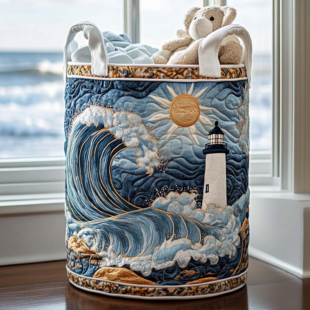 Quilted laundry basket with lighthouse by the sea NCU0QN010