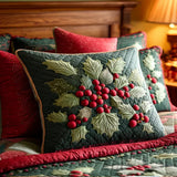 Quilted cushion cover with holly and mistletoe