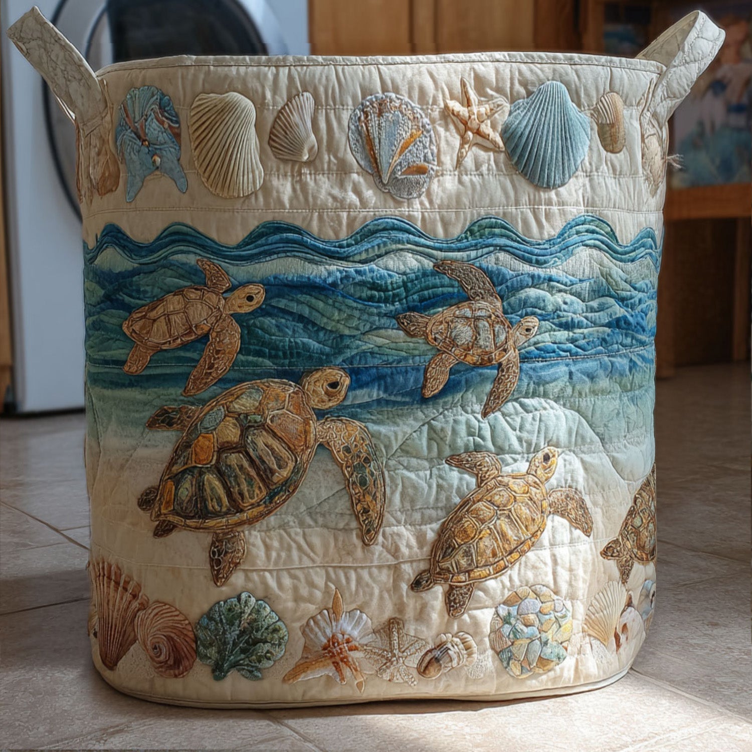 Quilted laundry basket with sea turtle NCU0QN005