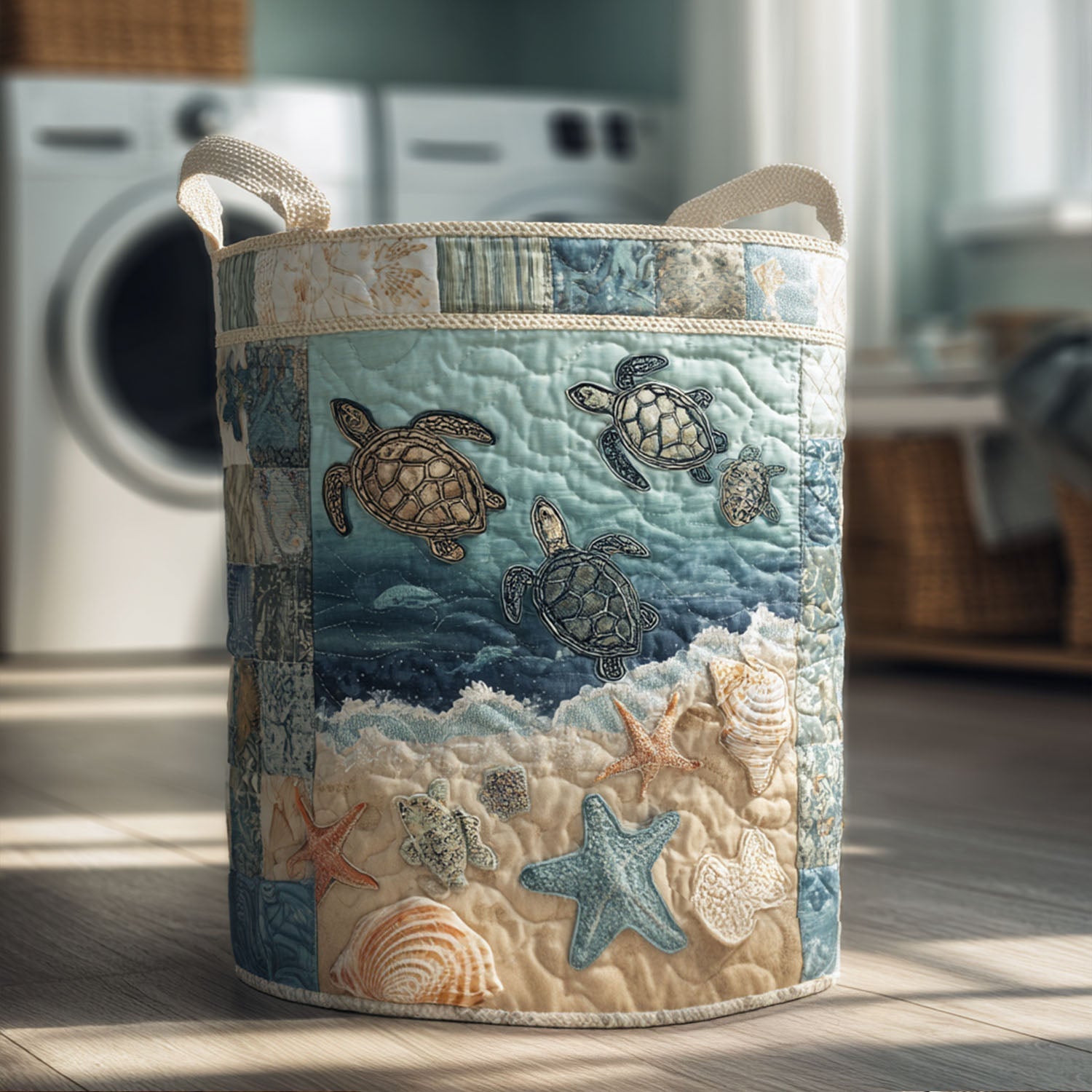 Quilted laundry basket with sea turtle NCU0QN005