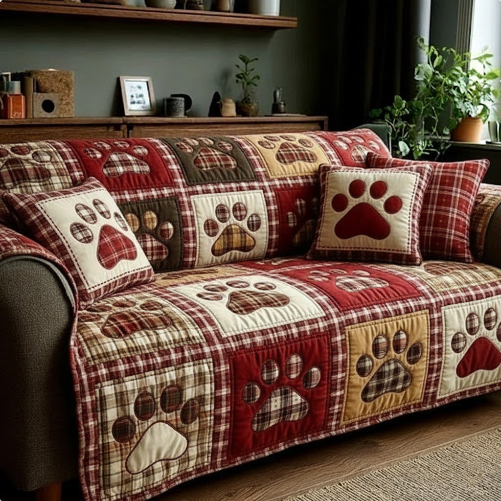 Quilted Sofa Cover with Paw Prints – Soft to the Touch