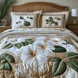 Quilted Bed Cover Set - White Hibiscus