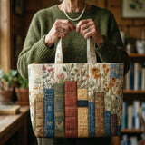 Books and Blooms Quilted Tote Bag