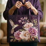 Purple Quilted Tote Bag Featuring Hummingbirds and Orchids