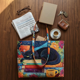 Women's Bag with Black Cat, Books, and Mugs – Two Sizes