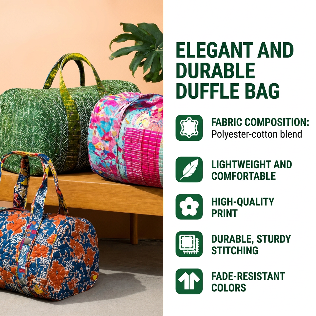 Quilted duffle bag features and fabric composition