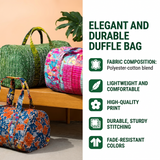 Quilted duffle bag features and fabric composition
